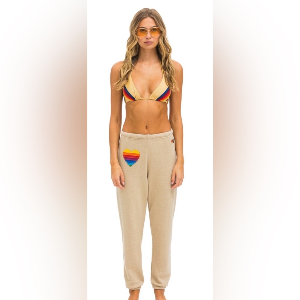 AVIATOR NATION | Size Med- RAINBOW HEART STITCH SWEATPANTS - SAND